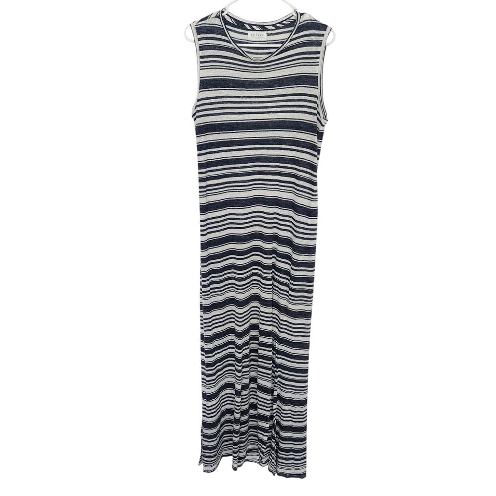 Velvet Linen Striped Midi Tank Dress M Beach Vacation Minimalist Resortwear
